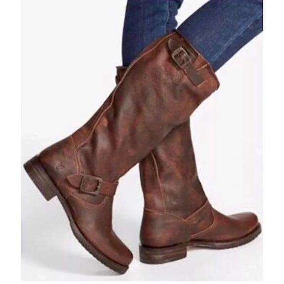 $399 Frye Veronica Slouch Tan Brown Tan Leather Engineer Moto Tall Buckle Boot - Picture 8 of 16